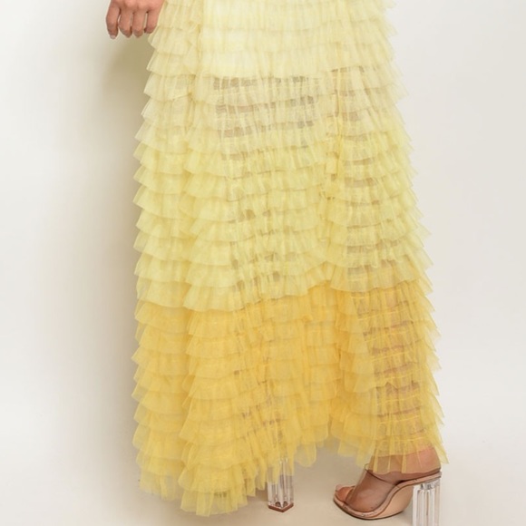 Brand New Strapless Yellow Tulle Ruffle Maxi Dress - Picture 4 of 7